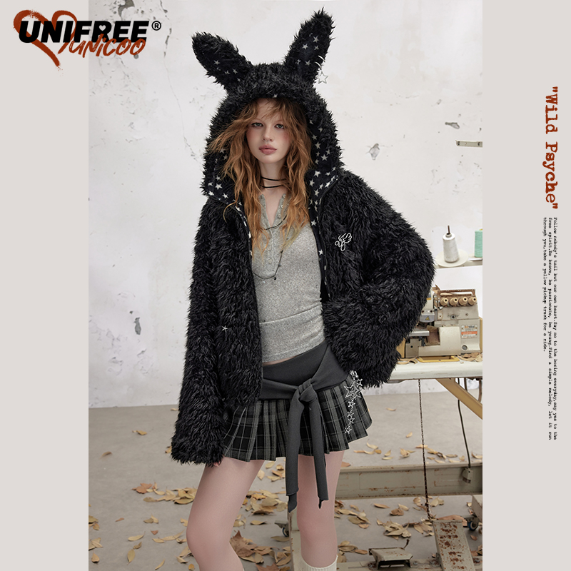 【夏夏专属】UNIFREE黑色兔耳朵毛绒外套U253B009C1C1-2
