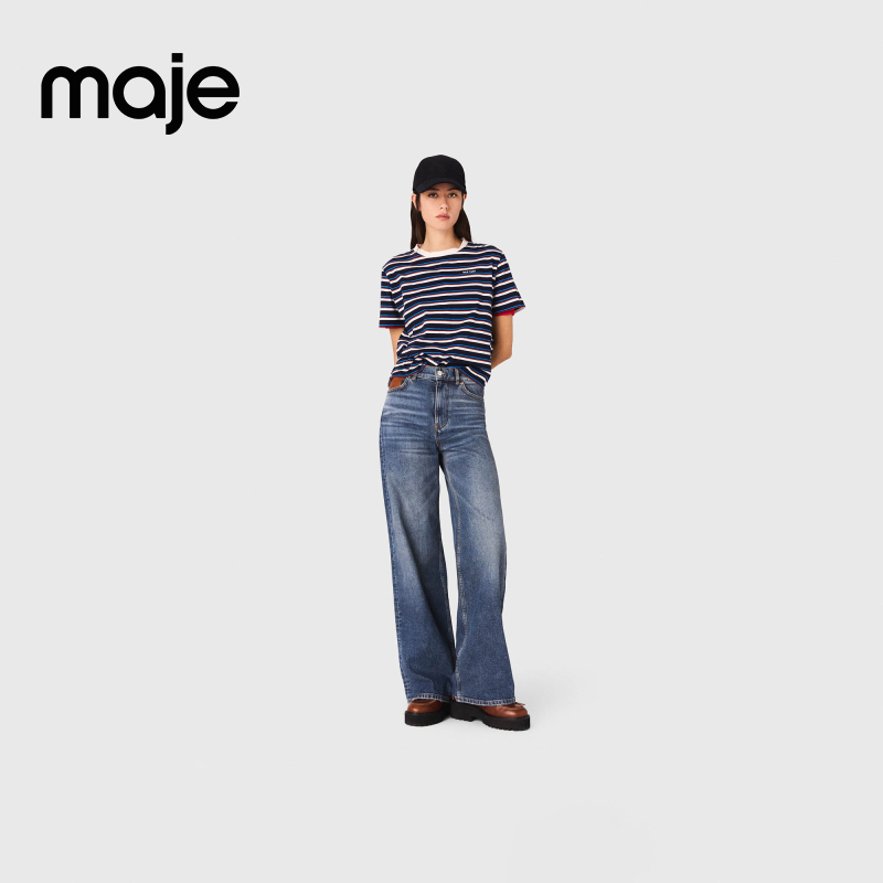 暖系穿搭|Maje2025秋冬新款女装水做旧高腰牛仔裤长裤MFPJE00751