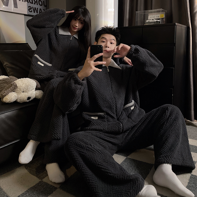 冬季情侣睡衣女款珊瑚绒加绒加厚保暖男士纯色简约家居服套装冬天