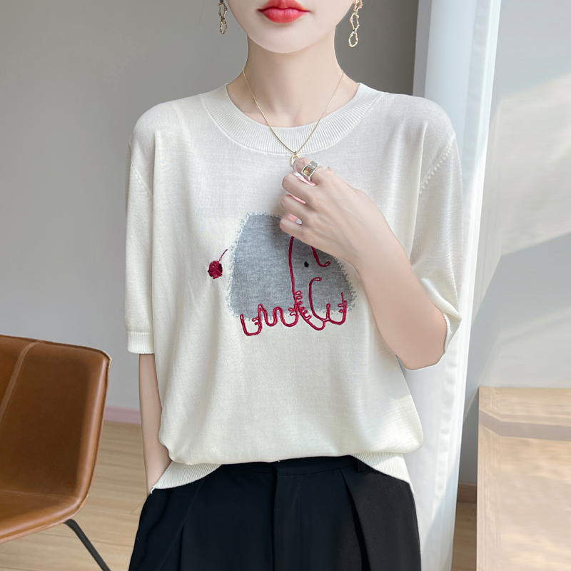 夏季新款100%莱赛尔天丝小象刺绣针织短袖时尚百搭凉爽透气宽松