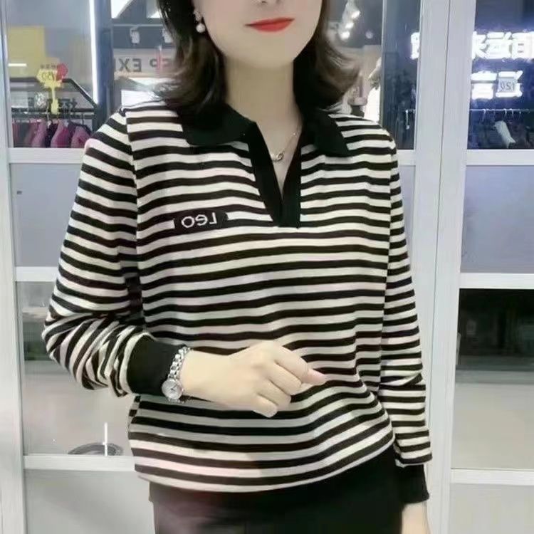 888黑色春秋季长袖条纹洋气大码女装港风妈妈装翻领百搭上衣