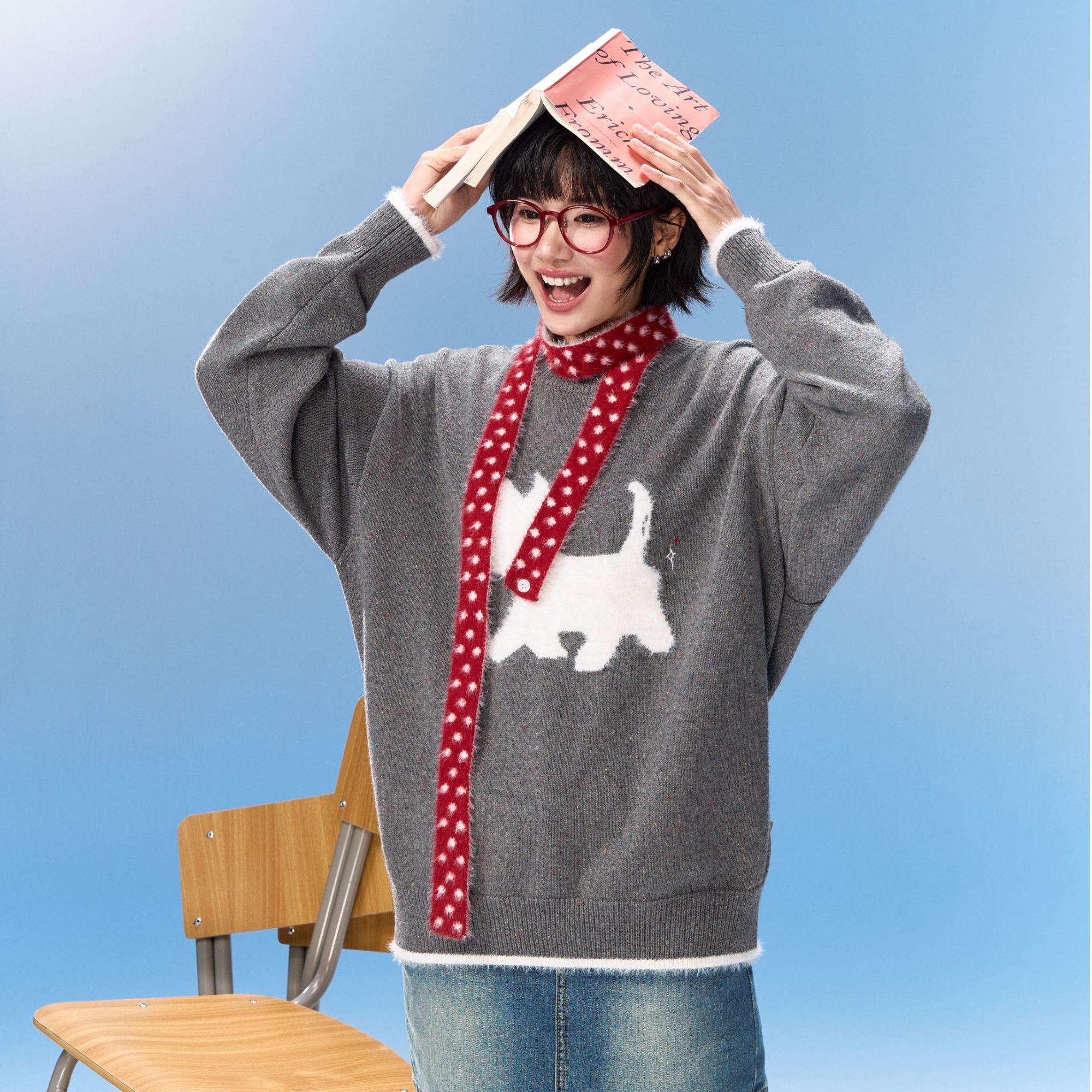 F426潮牌春季新款圆领花纱保暖针织围巾小狗毛衣套头休闲上衣7968