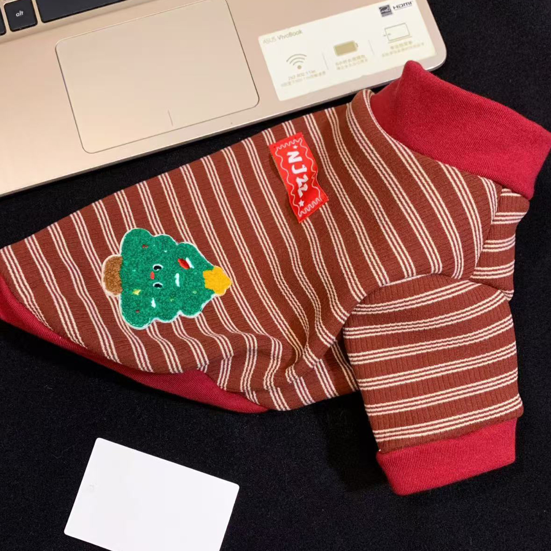 妮酱崽崽||圣诞条纹卫衣宠物加绒弹力保暖带袖红色喜庆节日衣服