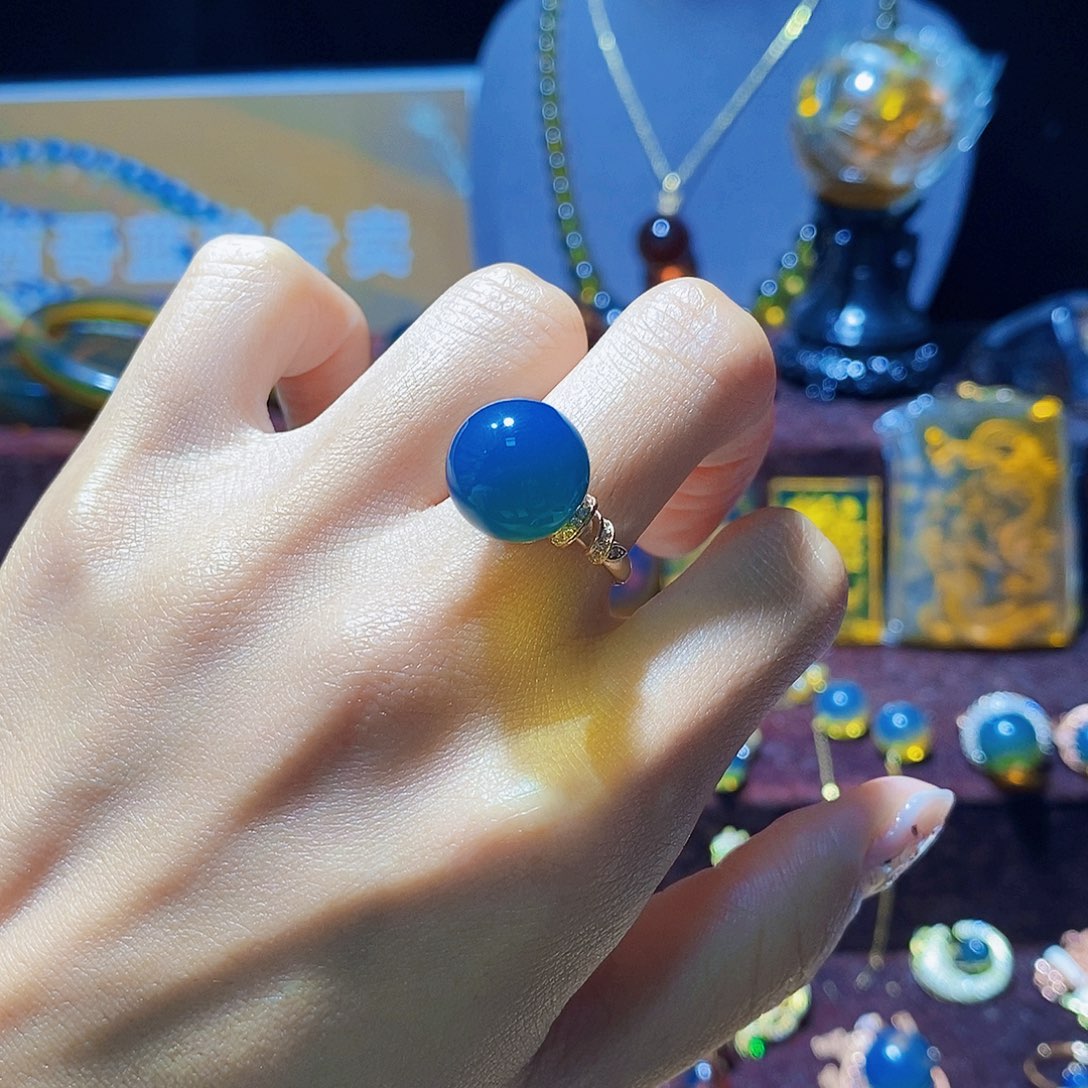 蓝珀银S925镀金镶嵌戒指13mm高蓝净水