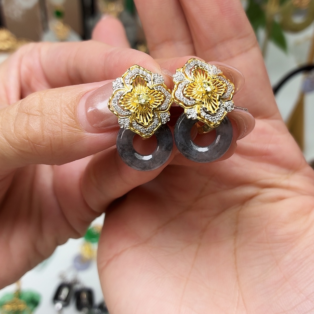 短***发翡翠银S925镶嵌耳饰