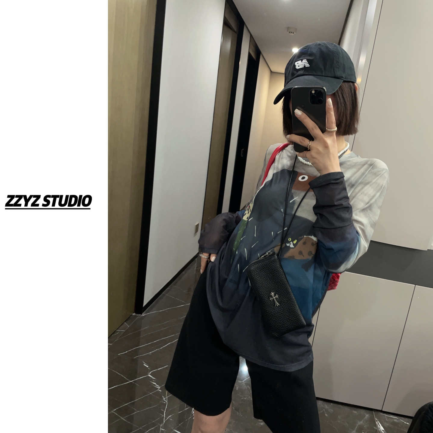 【ZZYZ】“涂鸦艺术”拼色扎染卡通小猫小狗圆领套头长袖网纱上衣