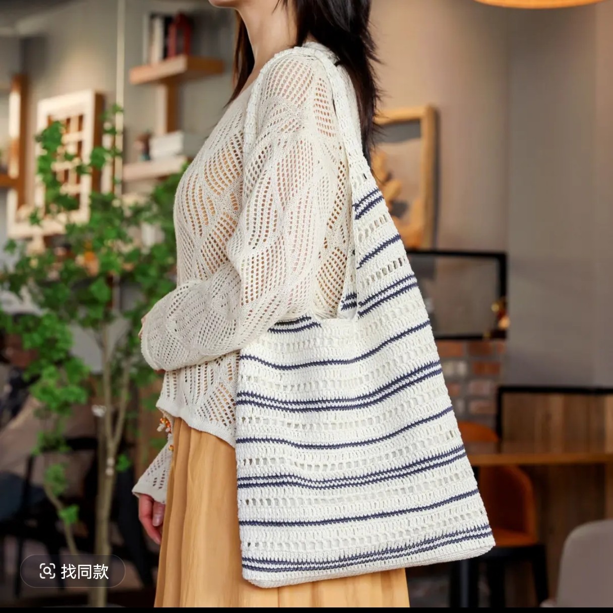 成品棉草线编织蓝白色托特休闲大包条纹镂空