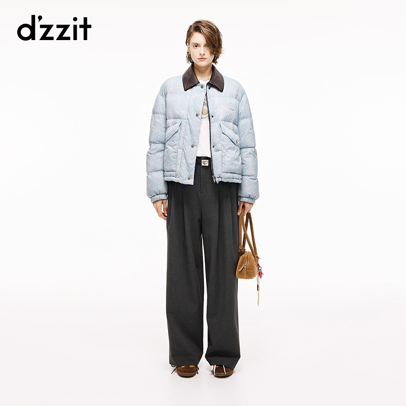 【dzzit高颜值羽绒】地素26春拼接复古翻领印花羽绒外套女3K1KB061S
