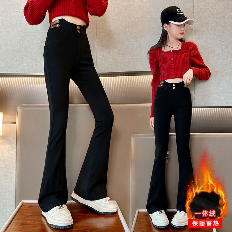 【贝贝优品】冬季加绒女童 DC20百搭弹力双排标加绒喇叭裤