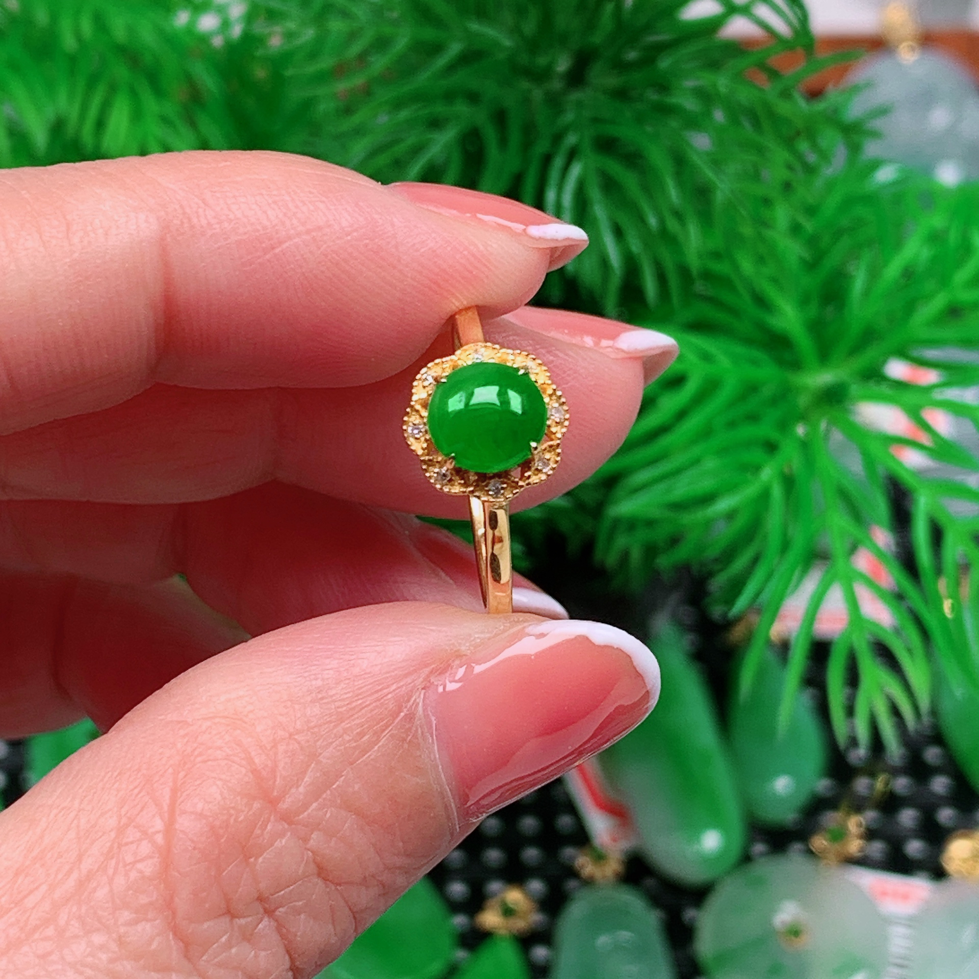 缅甸天然翡翠A货 冰润阳绿蛋面戒指695（尺寸6.6x4)