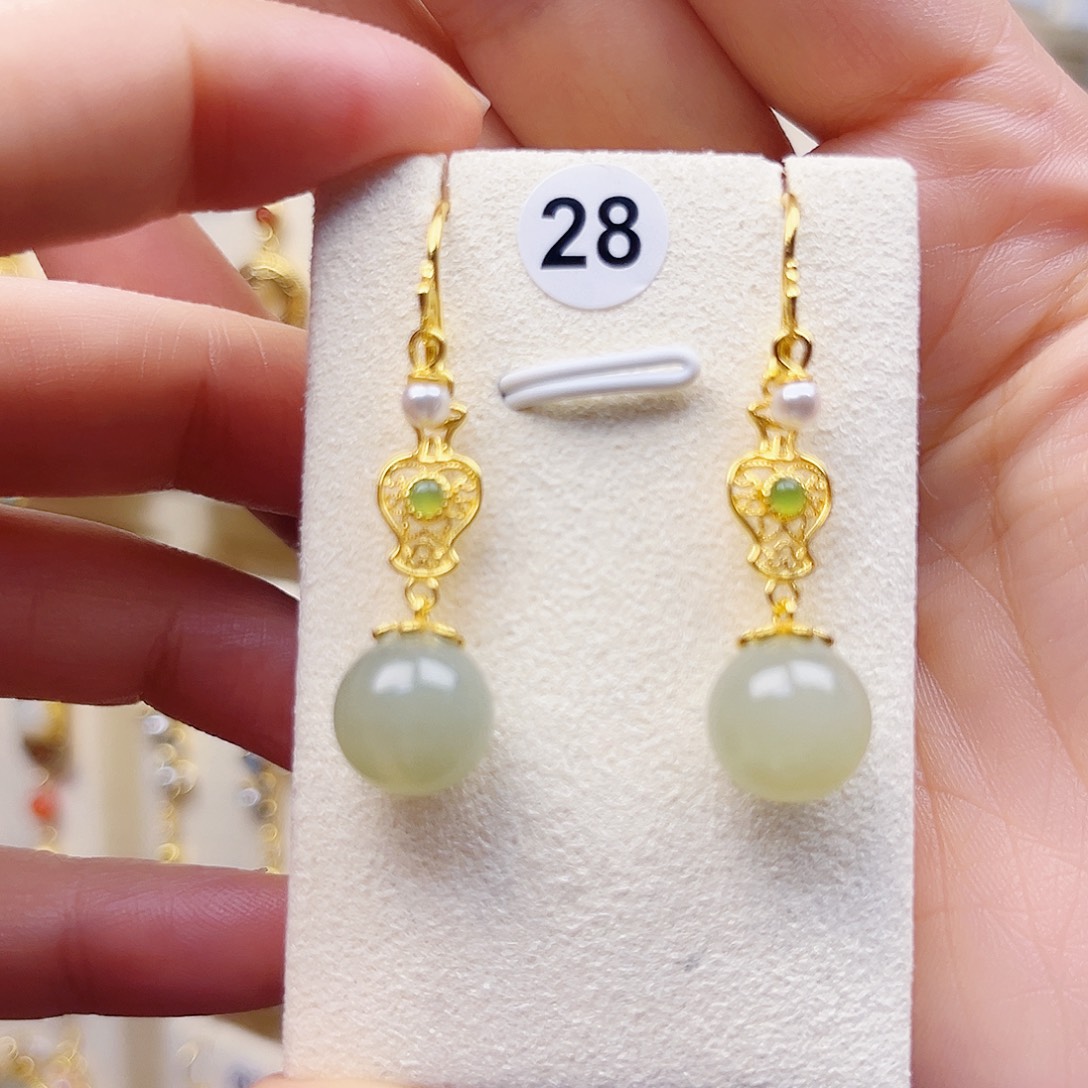 和田玉银S925镀金镶嵌耳饰