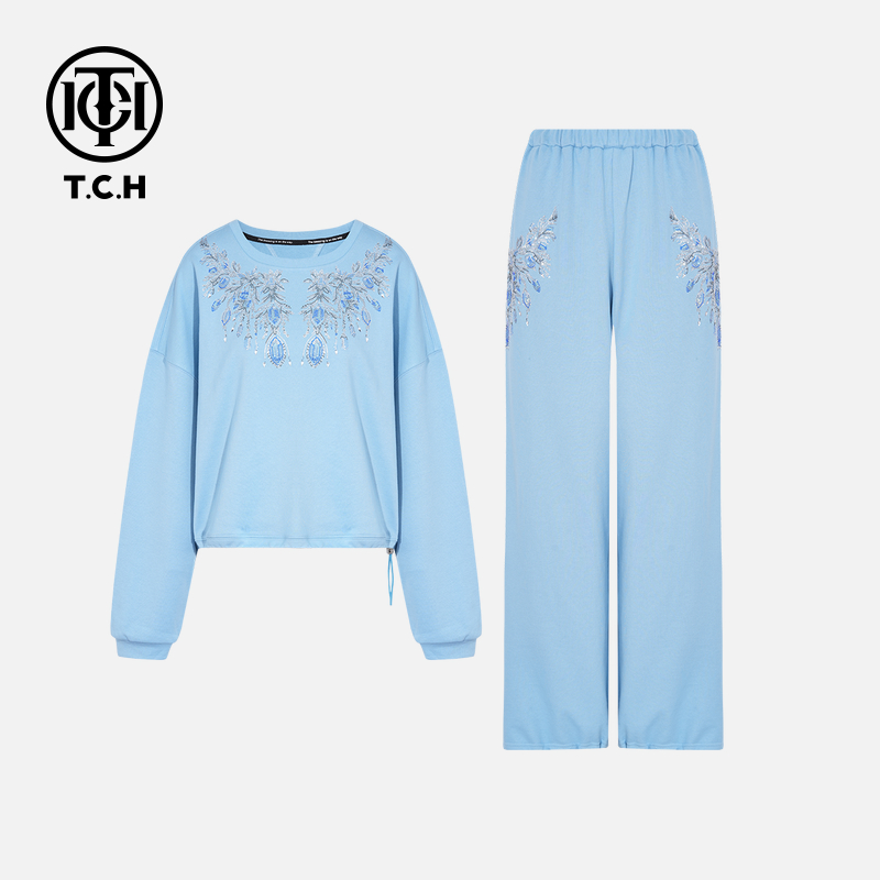 TCH轻奢秋季时尚慵懒风蓝色烫钻宝石卫衣套装T75C07E1011tch
