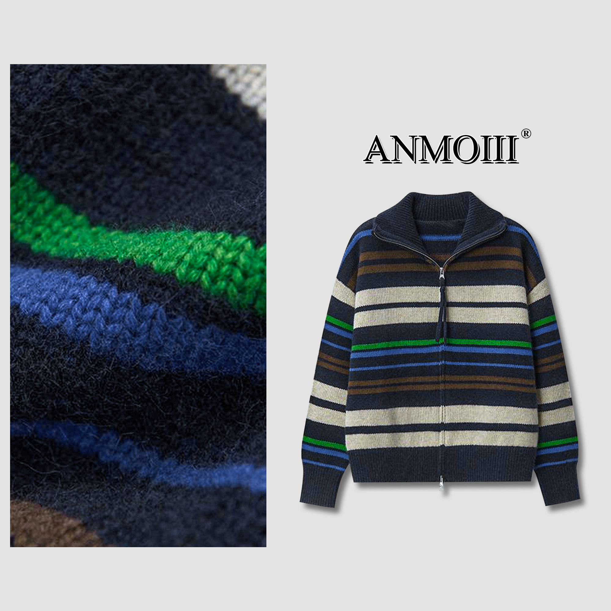 ANMOI‘【安安 年度 宠粉专属】冬季毛衣女高级感条纹立领毛衣开衫