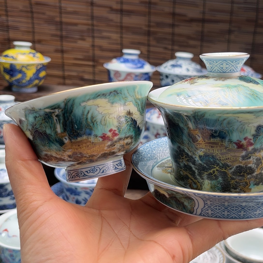 M***✰陶摆件景德镇陶瓷盖碗两个大压手