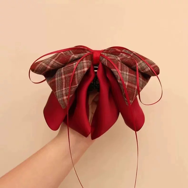 格纹双色拼接蝴蝶结飘带发夹百搭布艺马尾夹网红半扎发抓夹4097