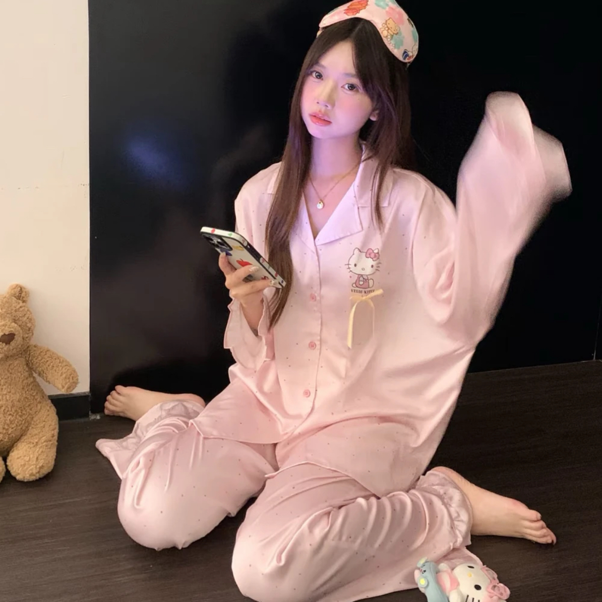 【嫩粉kktty】网感亲肤四级可穿丝滑软感长袖长裤睡衣套装