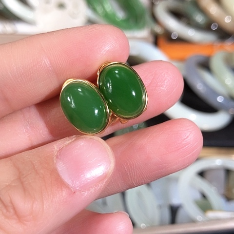 和田玉耳饰银S925镀金镶嵌