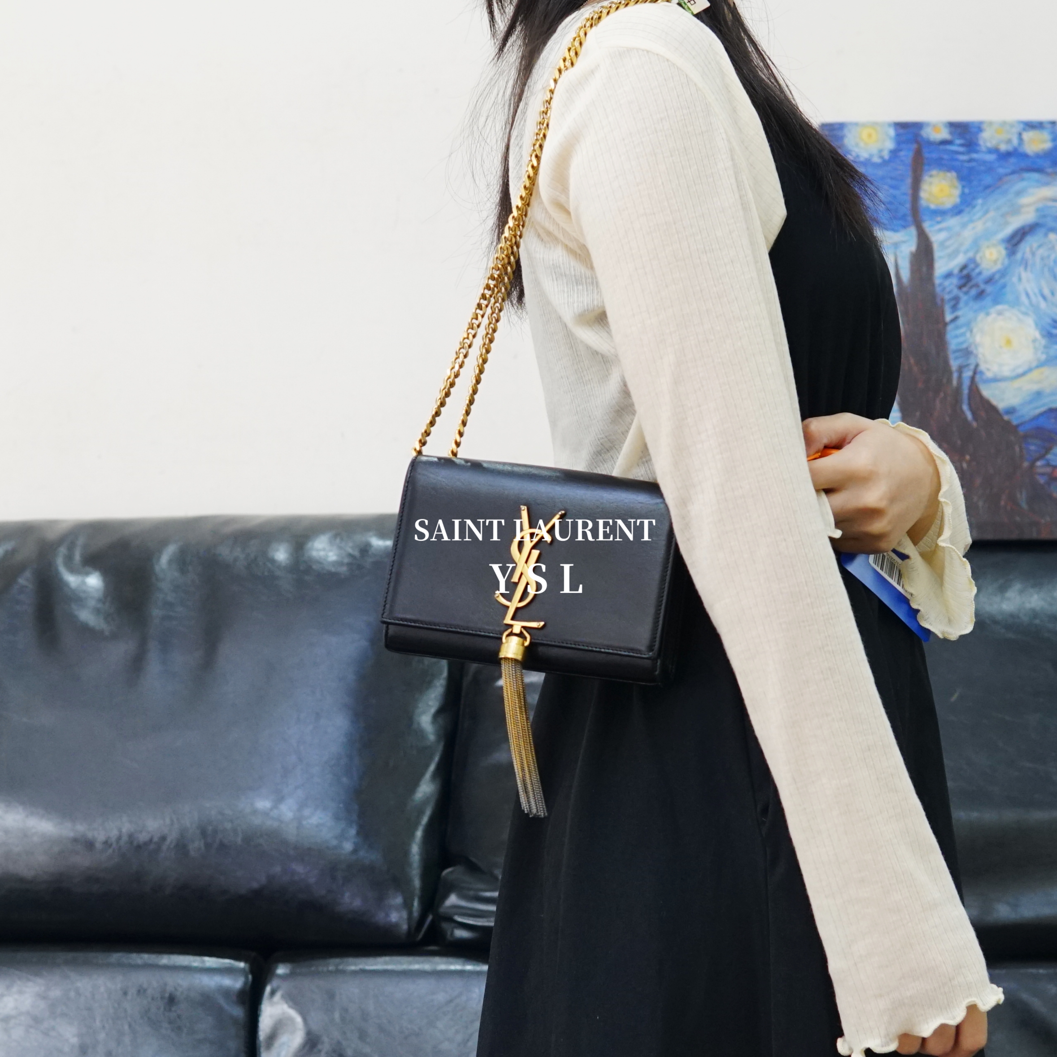 95新 YSL/圣罗兰 黑色金标流苏单肩包/EE03230050/0050