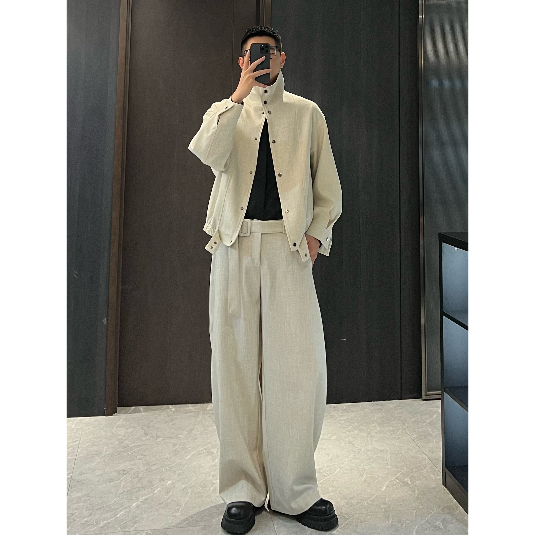 【J.studio】亚麻款夹克套装秋季男装时尚廓型慵懒宽松阔腿裤两件套