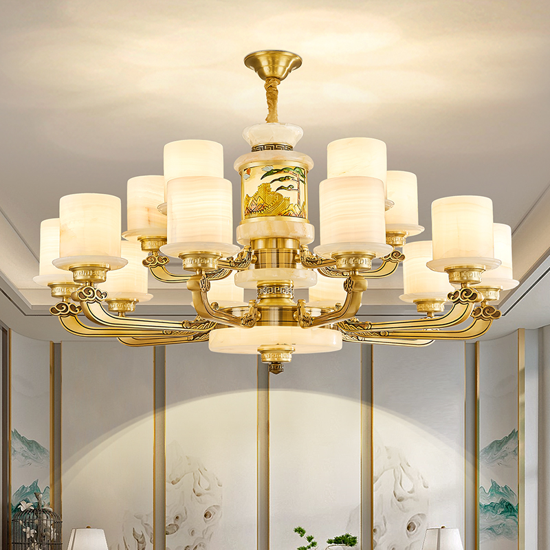 新中式电镀全铜玉石客厅灯中式吊灯国风大吊灯别墅自建房商品房灯