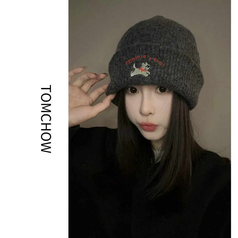 可爱小狗刺绣针织毛线帽子女秋冬季百搭大头围显脸小保暖包头冷帽