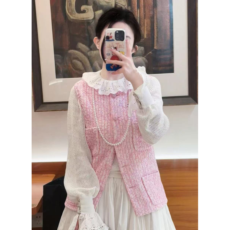 lbubu6月狂欢季香家新款粉色珍珠开衫马甲