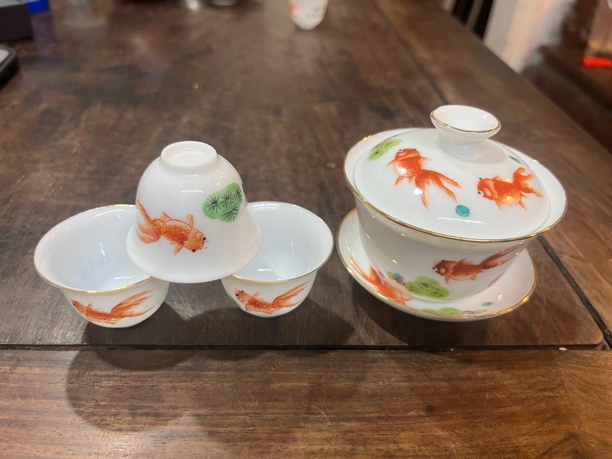 纯手绘超薄胎描金香港祥兴茶行金鱼铃铛杯工夫茶杯