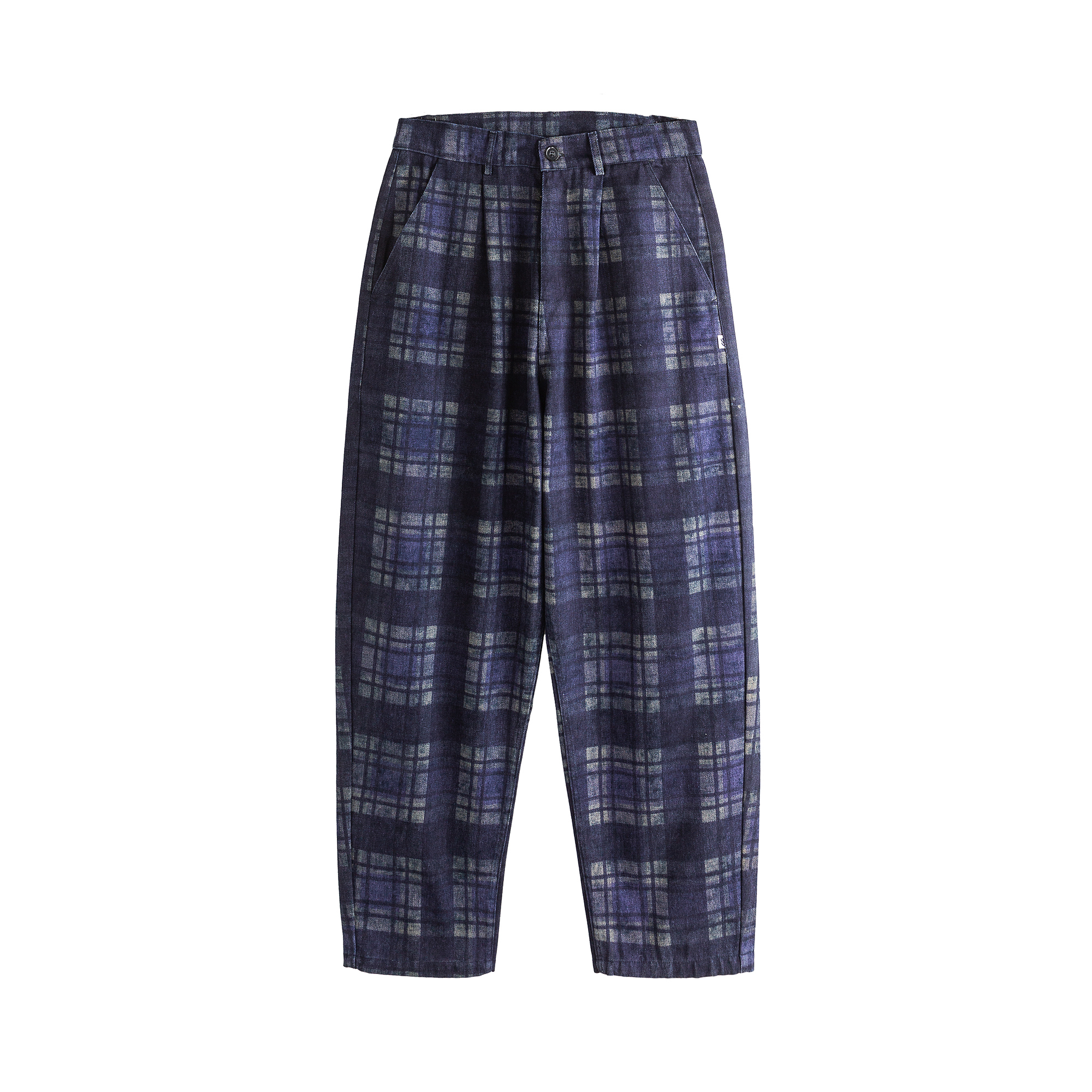 Me Da Igual蓝色格子印花宽松廓形锥形老爹裤街头滑板小脚牛仔裤