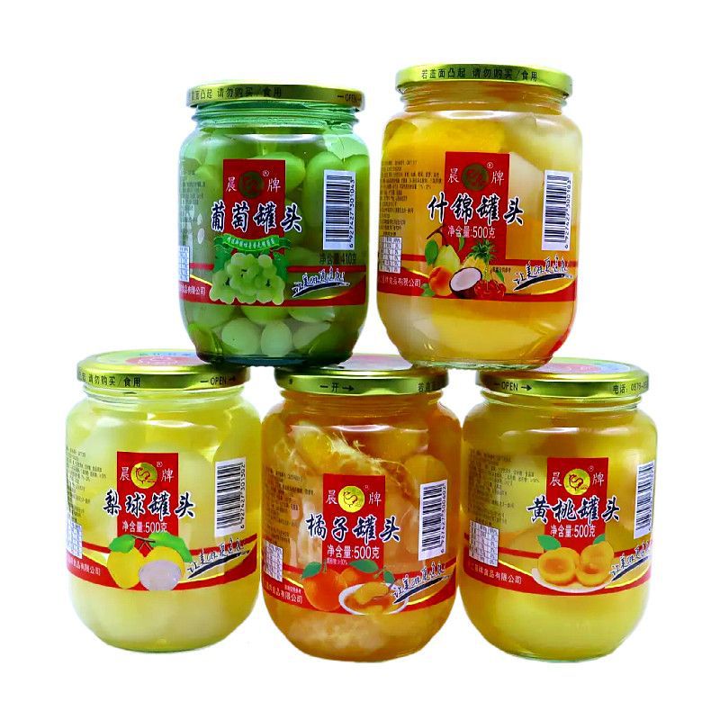 晨牌水果罐头500克玻璃瓶装糖水什锦桔子黄桃雪梨葡萄办公室零