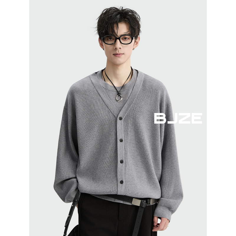 [莱赛尔天丝羊毛]BJZE秋季假两件圆领套头针织衫毛衣男生Y531475