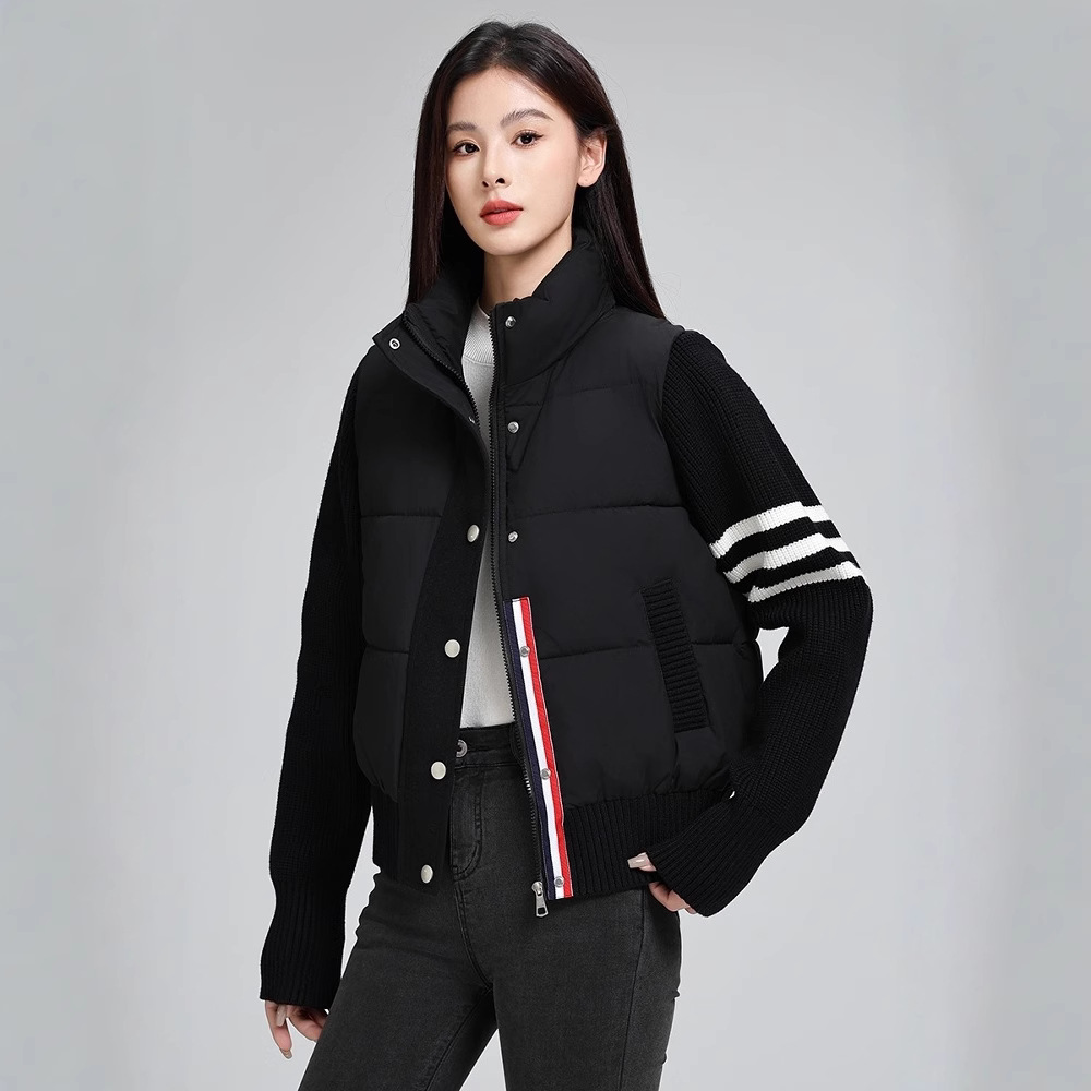 正品TB汤姆棉服女2024新品冬小个子韩系洋气针织拼接薄款棉衣外套