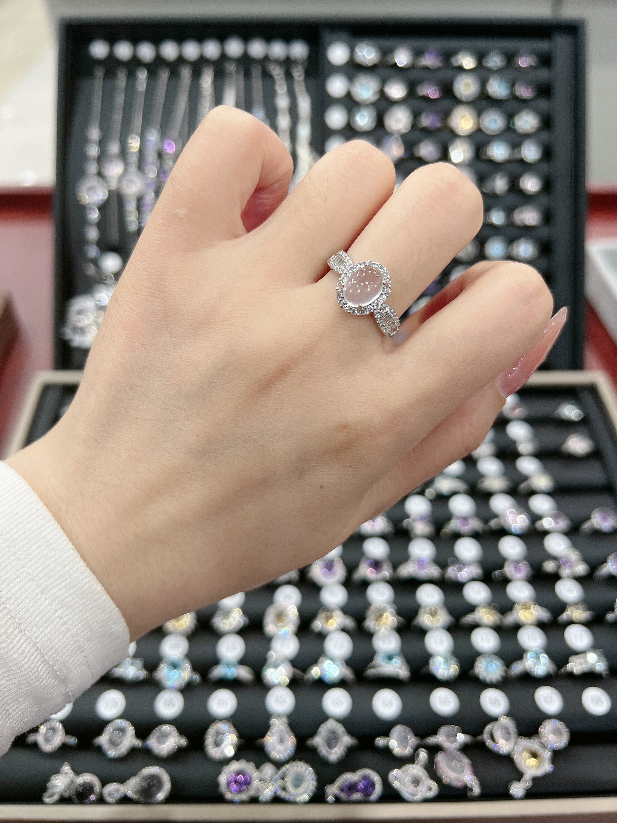 芙蓉石粉水晶s925银托 小蛮腰温温柔柔公主粉