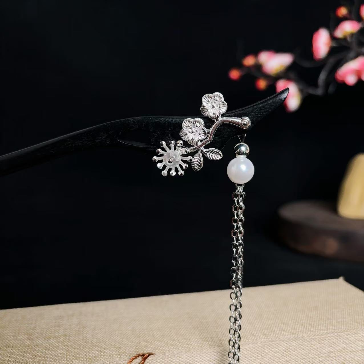 a854【银花枝头】18公分花朵发簪新中式古风发簪子旗袍汉服流苏发饰