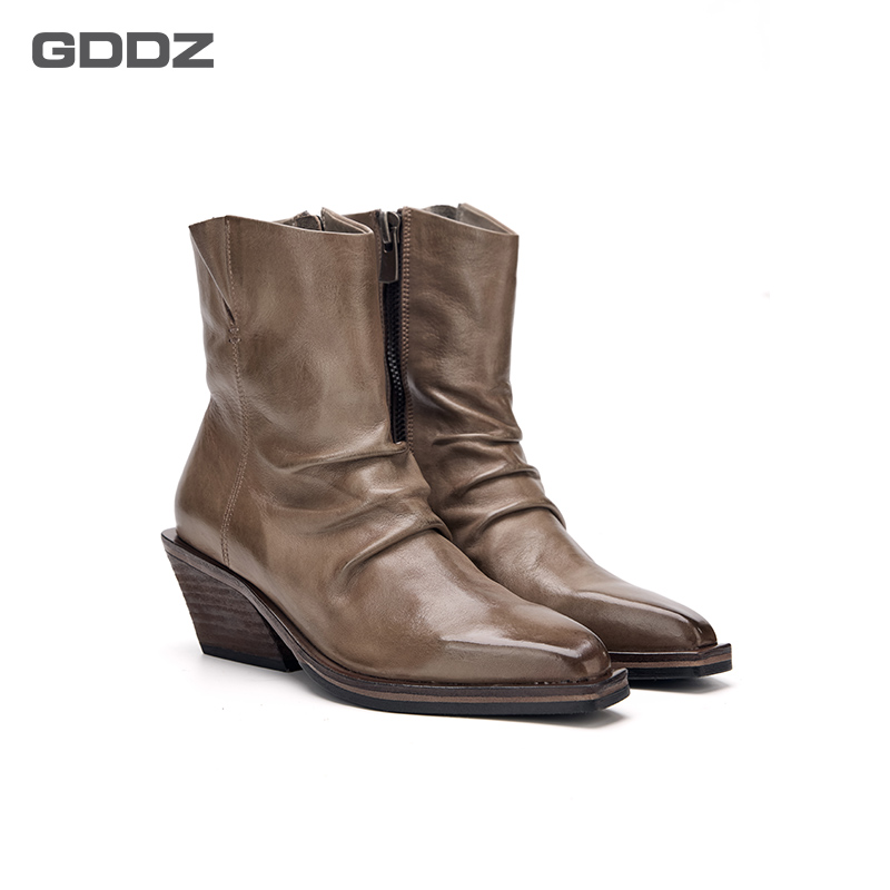 GDDZ 小众高级感短靴女褶皱堆堆靴水洗马皮西部牛仔靴G2S0816