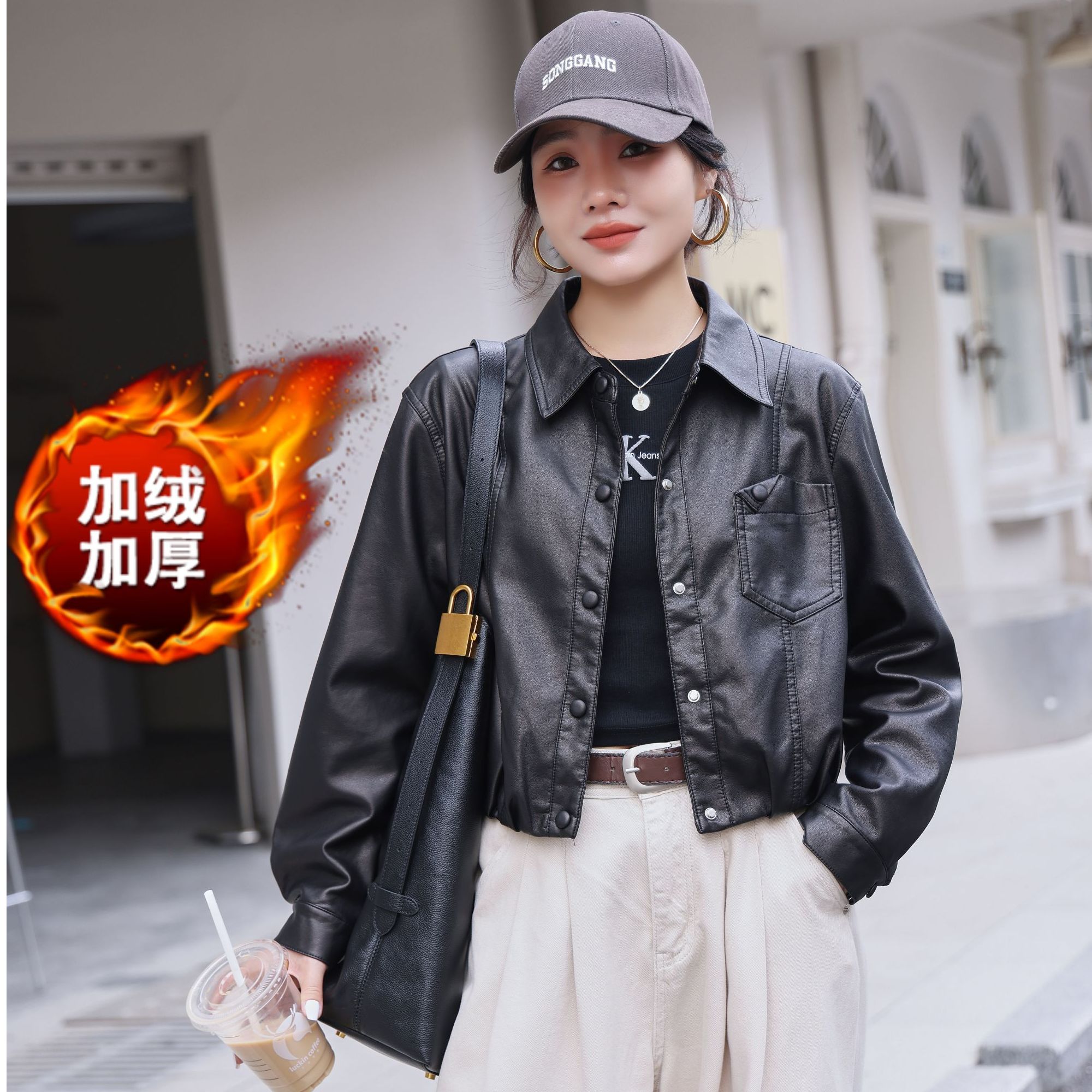 2025春秋新款韩版翻领PU皮衣外套女小个子短款显瘦皮夹克上衣6125