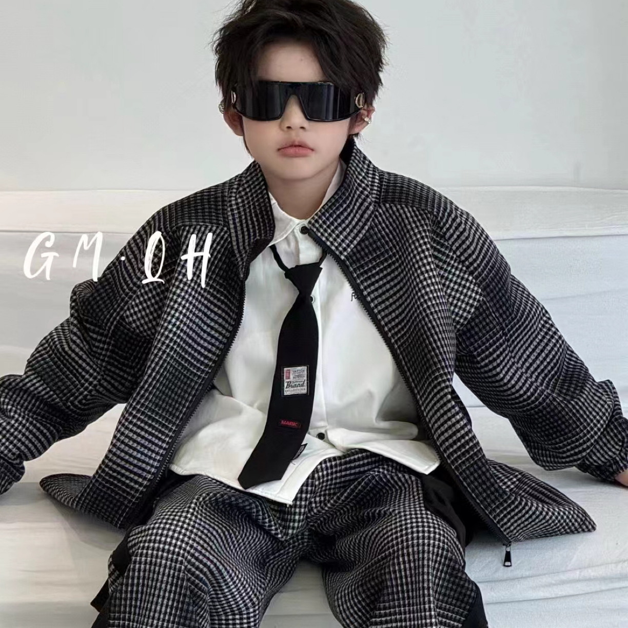 点范 大童年货两件套加绒套装 西装格子套装