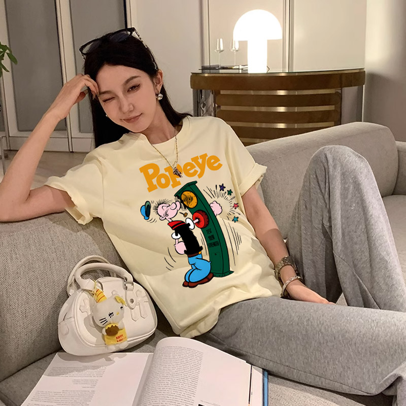 大力水手纯棉短袖女t恤时尚百搭卡通洋气上衣女款夏季高级感男女t