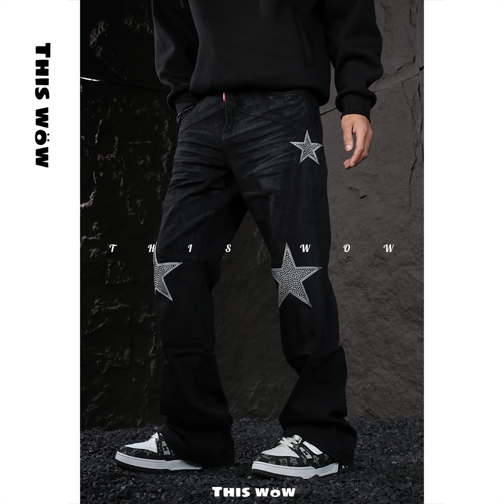 【星星烫钻修身微喇裤】THISWOW峰哥同款微弹牛仔裤美式高街复古裤