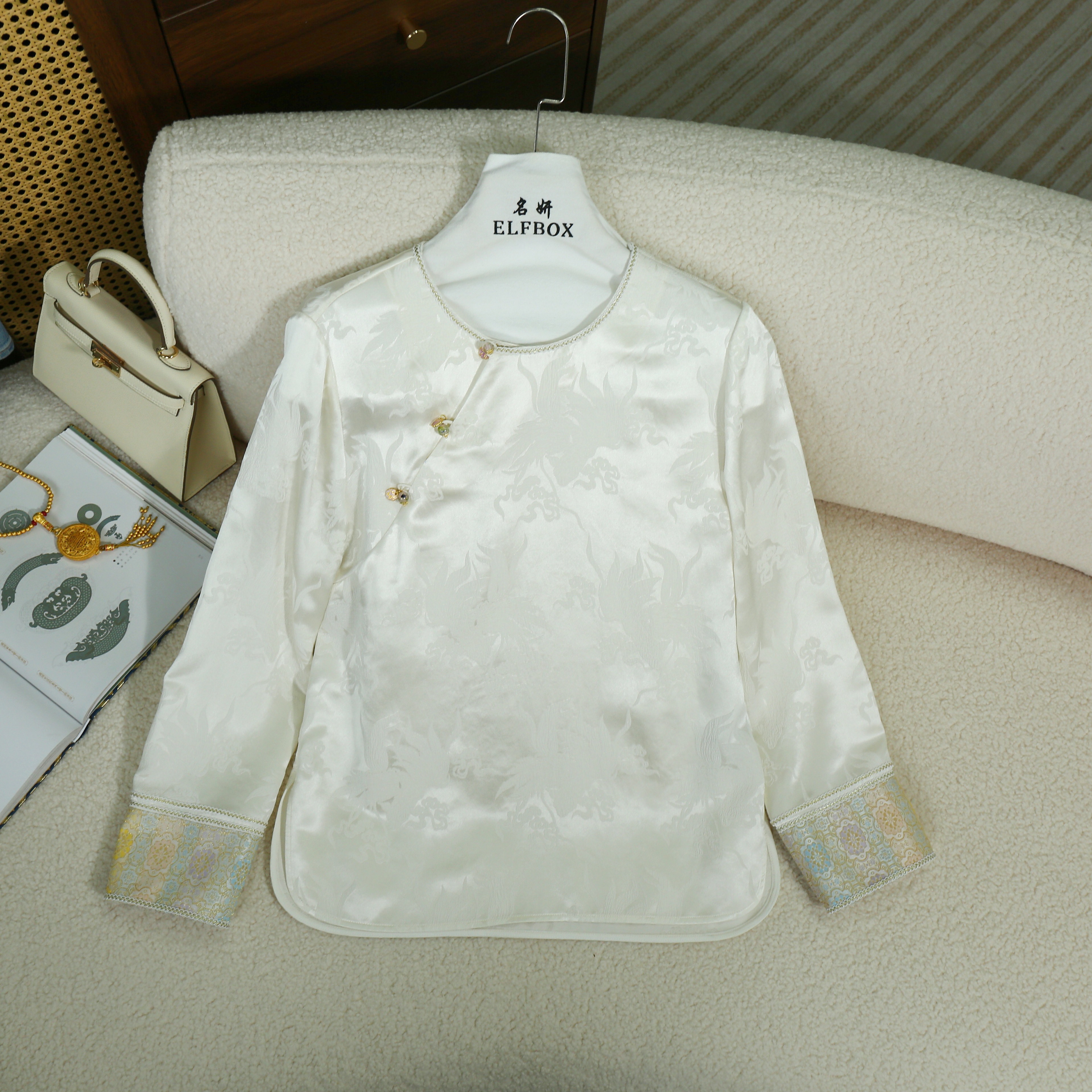 《凤凰锦鲤》2025新款桑蚕丝拼接蜀锦国风百搭圆领衬衣6371