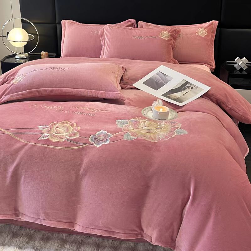 新款加厚高克重牛奶绒绣花绒四件套芳华--豆沙