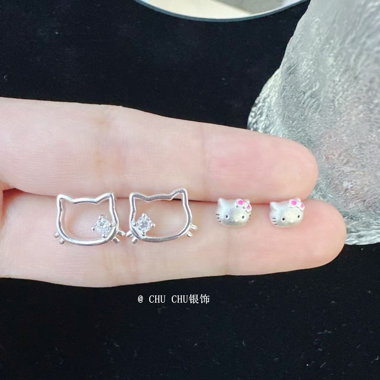 足银耳饰 足银990可爱KT猫百搭镂空纯银耳钉养耳洞送女友闺蜜