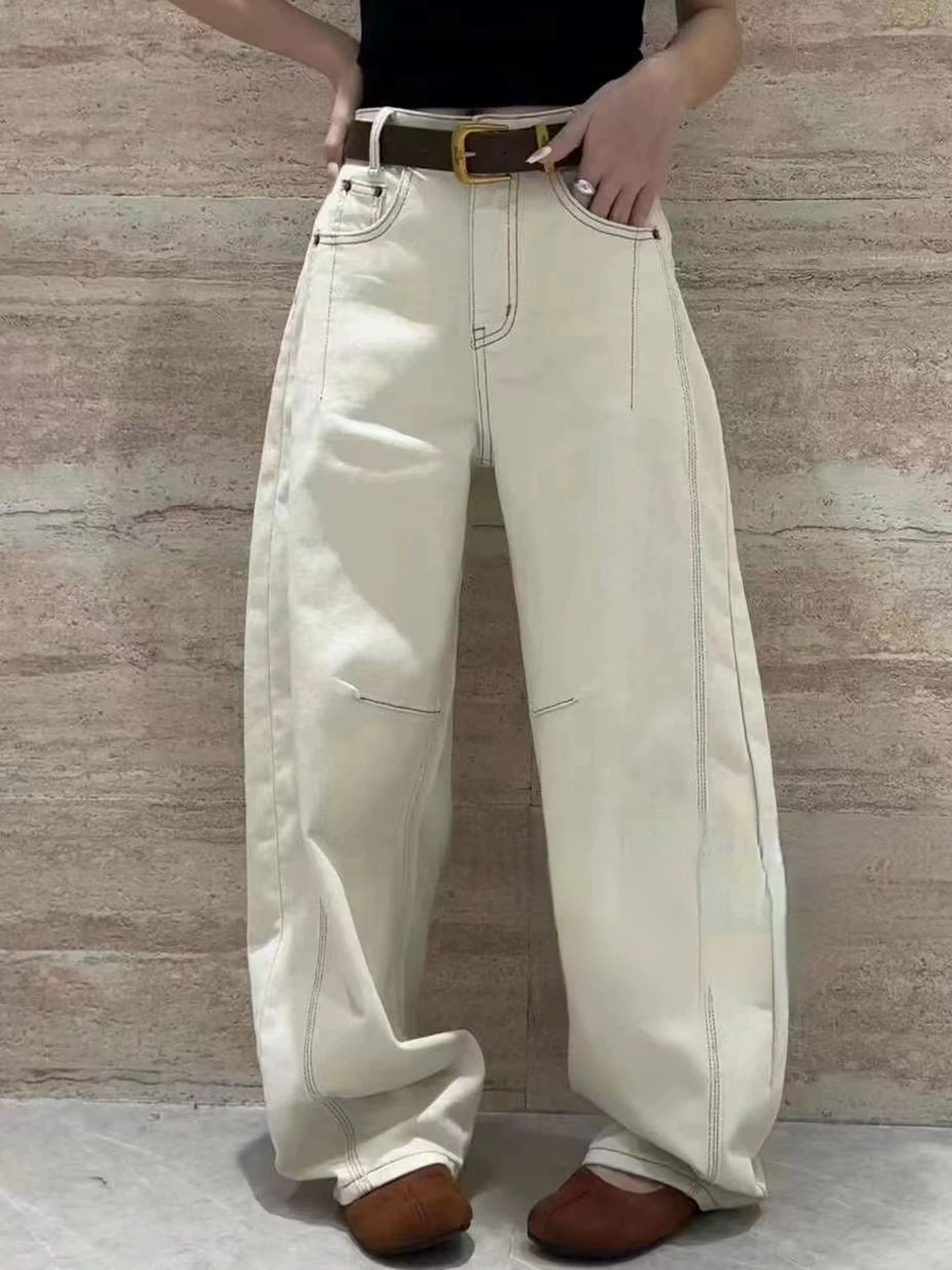 白色牛仔阔腿裤女加厚抓绒宽松显瘦拖地休闲长裤