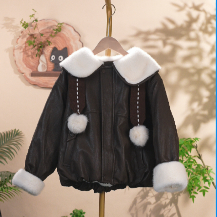 女童皮衣冬款2025新款儿童洋气时髦大童女孩加绒加厚连帽皮夹克