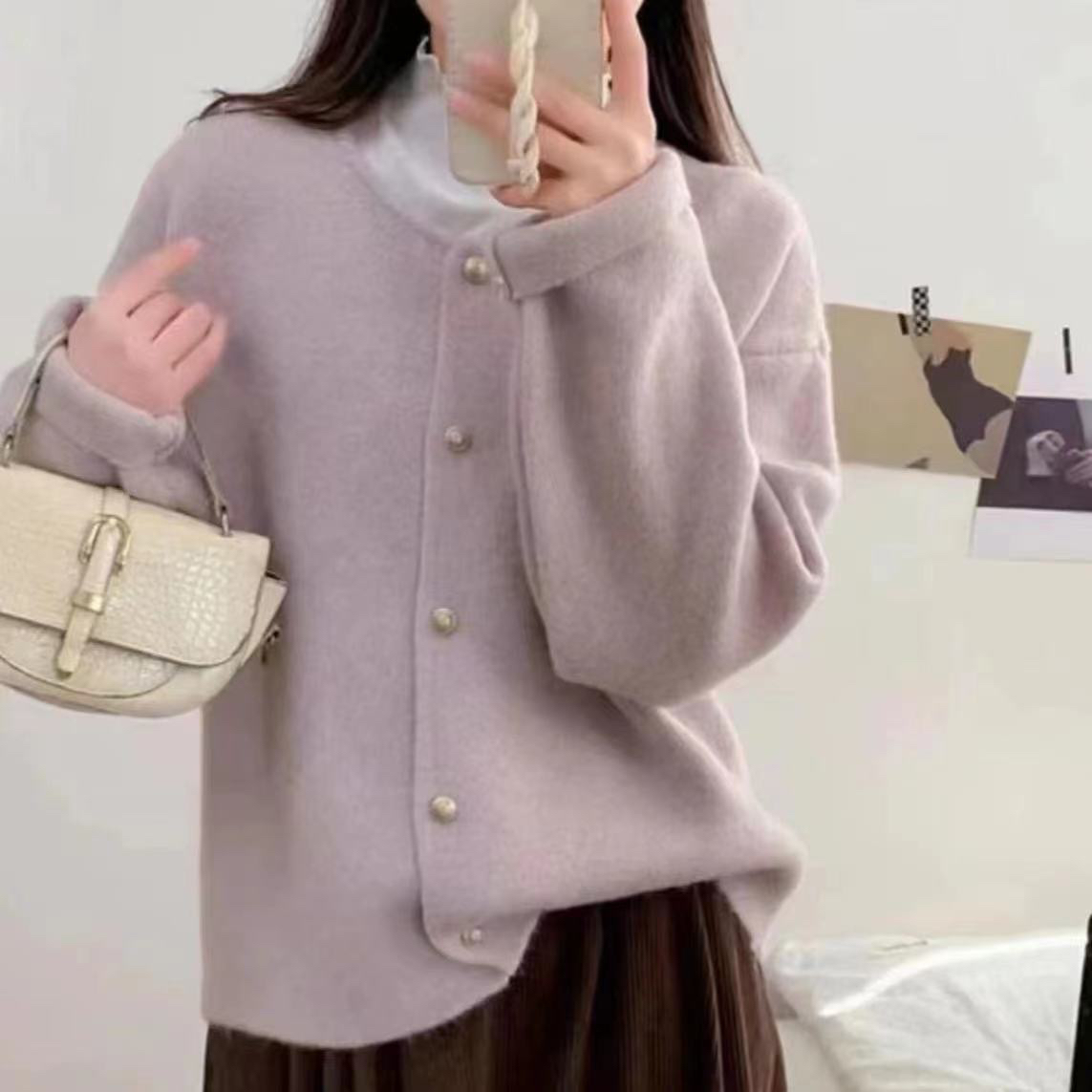 【原版正版】软糯亲肤高密度圆领小香风韩系百搭小金扣针织开衫