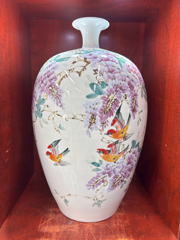 釉下彩绘精美大号手工陶瓷高档花鸟小口花瓶