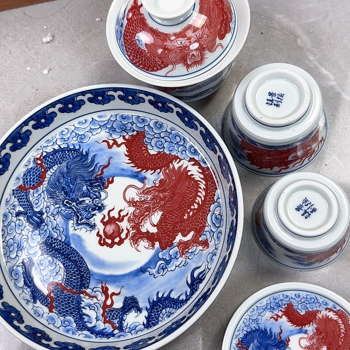 瓷片双龙戏珠5件套景德镇