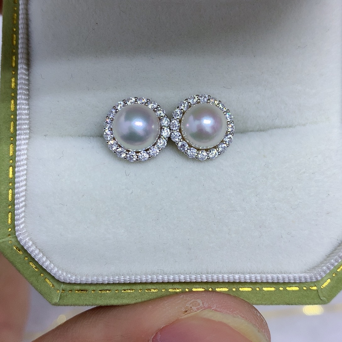 银S925镶嵌海水珍珠耳饰6-7