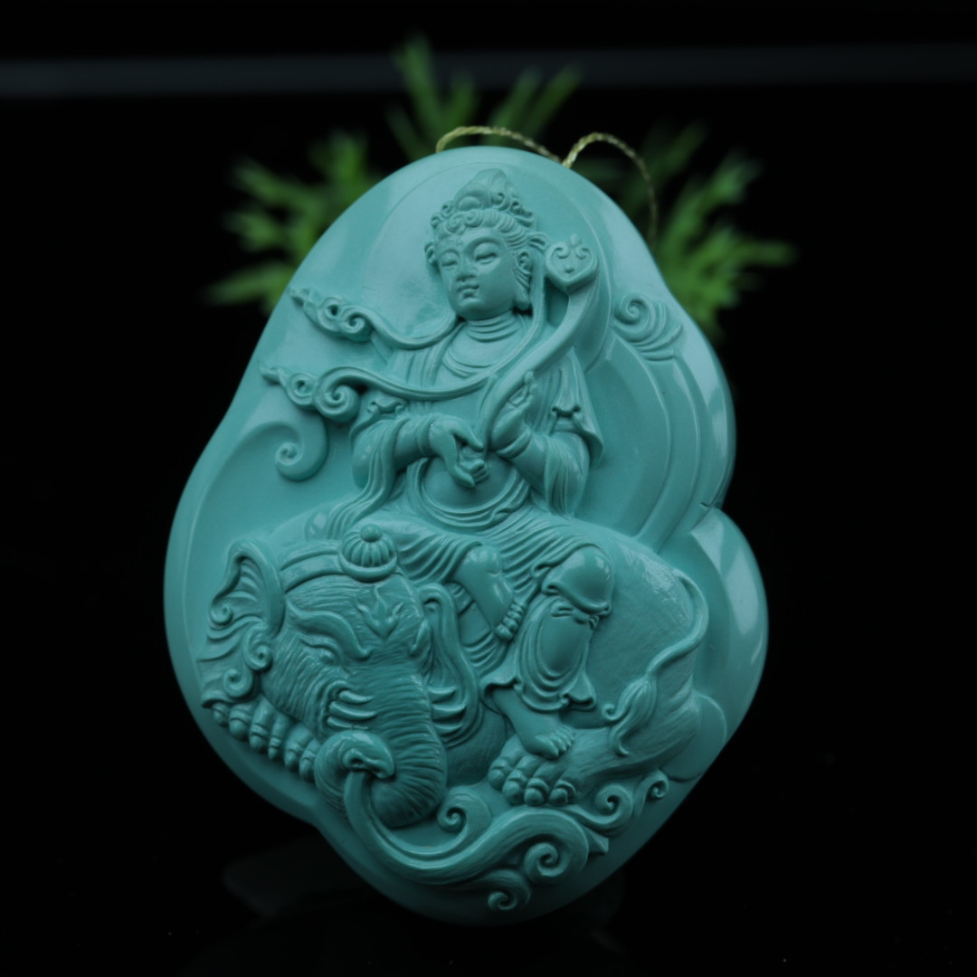 原矿纯天然绿松石精品雕件普贤菩萨