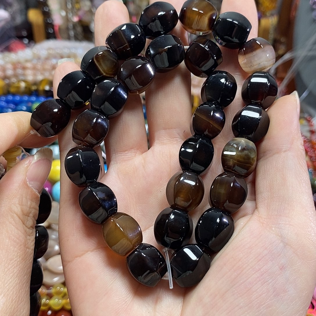 玛瑙/玉髓未镶嵌珠宝半成品深咖玛瑙瓜珠一条卡14mm