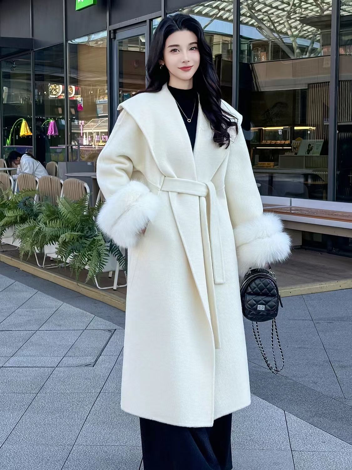 双面呢手缝大衣复古气质中长款宽松秋冬长款腰带款女士外套9310